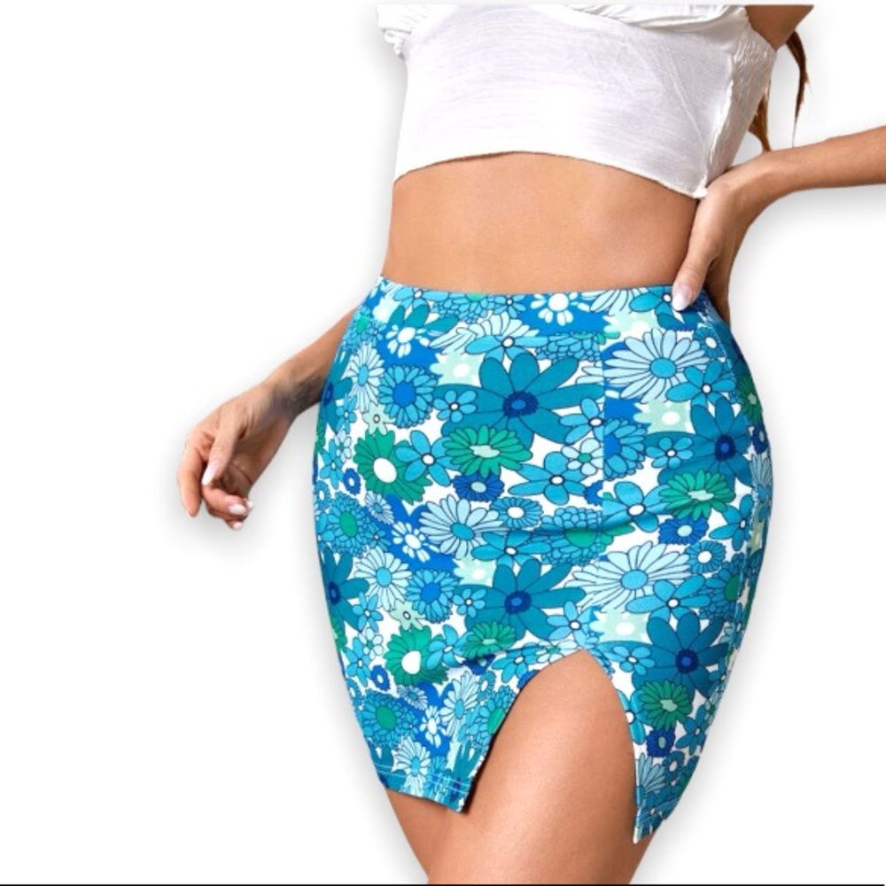 New Boho Floral Print Blue Green White Split Hem High Waist Bodycon Mini Skirt - Picture 11 of 13